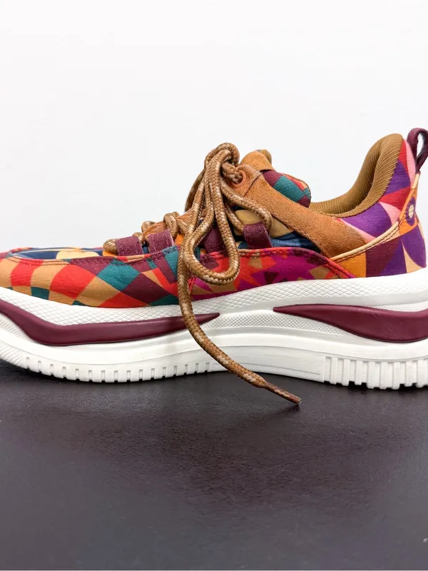 Farm Rio Graphics Scarves Platform Geometric Lace Up Sneakers 6.5 Brown Purple - Image 3