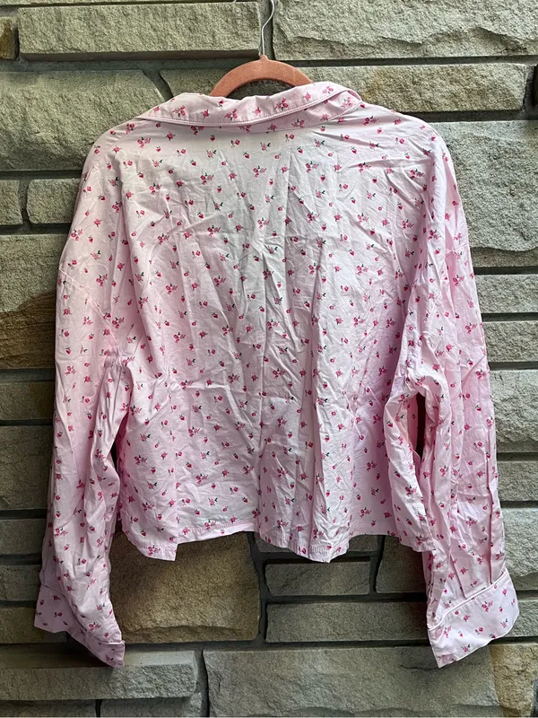 LOUNGE Pajama Set Cropped Button Up Shorts Pink Ditsy Floral Cotton XL - Image 4