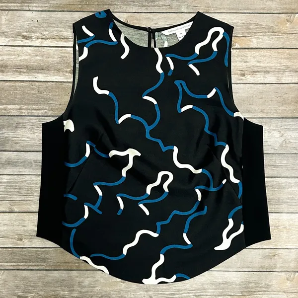 Diane Von Furstenberg Black Blue Ivory Sleeveless Scottie Wool Silk Top Medium - Image 6