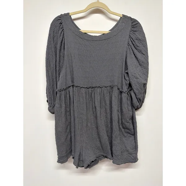 Free People Beyond Obsessed Romper Gray Puff Sleeve Babydoll Boho Small - Image 2