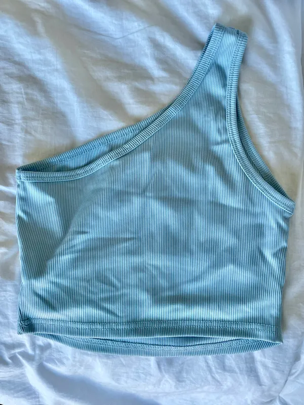 Blue One Shoulder Cut Out Crop Top - Image 2