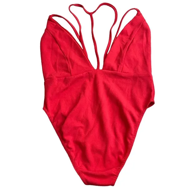 Missguided Red Plunge Bodysuit Strappy‎ Size 2 Snap Bottom - Image 6