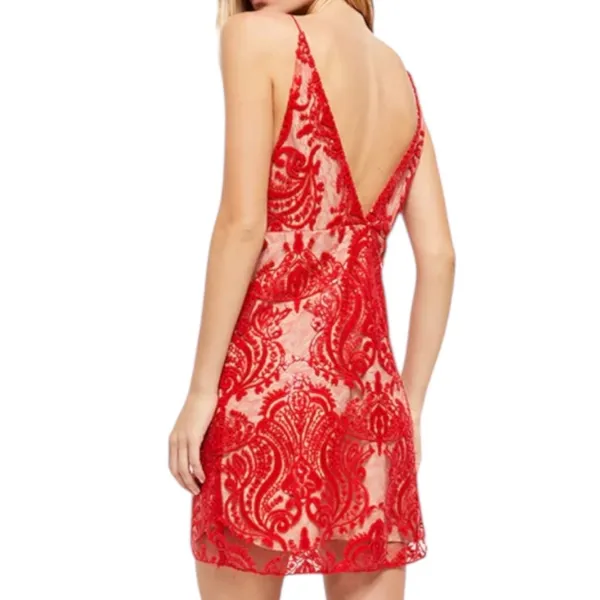 NWT Free People Night Shimmers Mini Dress Red Lace Sequin V Neck Size 10 Glam - Image 2