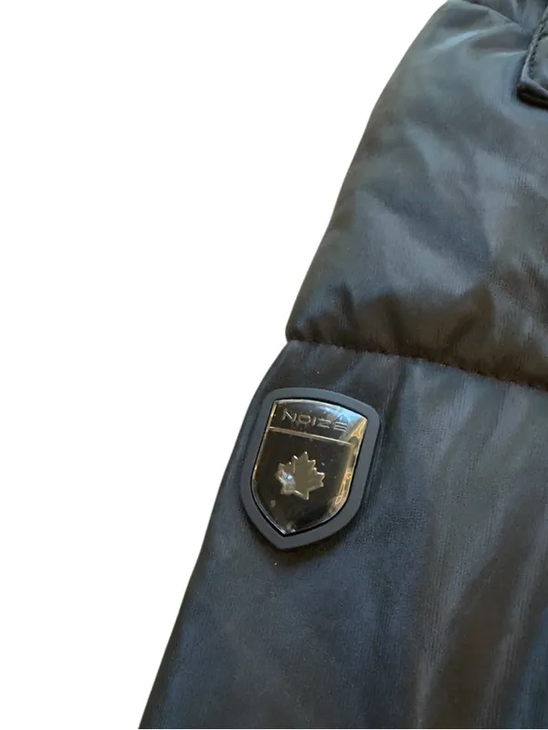 Noize Black Hooded Puffer Jacket Vegan Leather Trim Womens Medium Belt Missing - Image 8