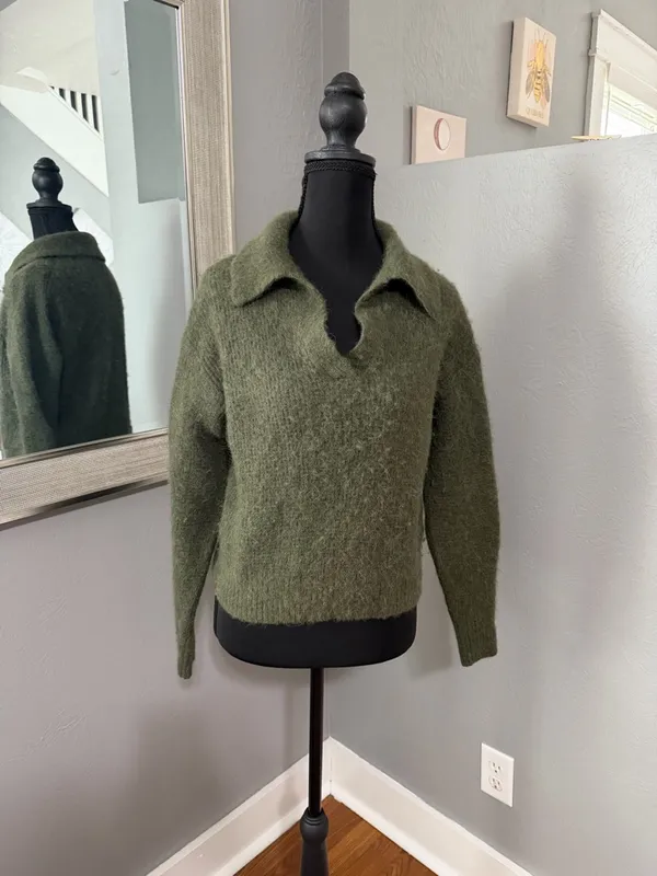Everlane Alpaca Merino Wool Collared Capsule Cozy Sweater Green Size Small - Image 2