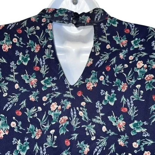 LE LIS Navy‎ Floral Long Sleeve Tiered Ruffle Trim Mini Shift Dress NWOT Large - Image 7