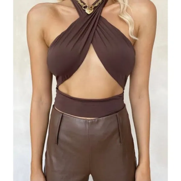 Tiger Mist Brown Cross Tie Halter Neck Archie Top‎ Size XS - Image 2
