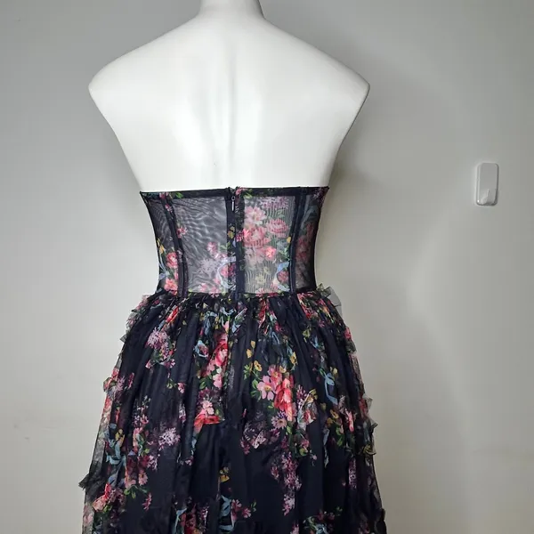 Dressalisa Maxi Gown Womens S Navy Gently Used Floral‎ Corset Tiered Ruffle Mesh - Image 6