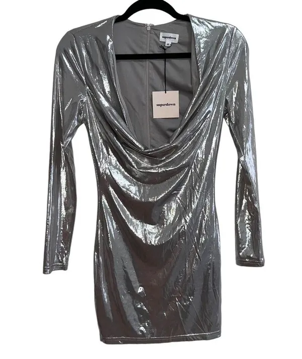 NEW NWT Gwen Long Sleeve Draped Neck Mini Dress In Silver Metallic - Image 3