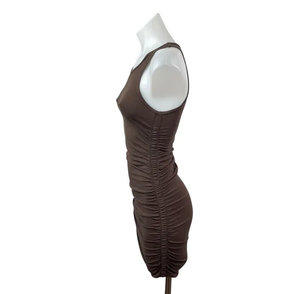 Aritzia TNA Brown High Neck Sleeveless Rucked Tank Cami Mini Bodycon Dress XS - Image 3