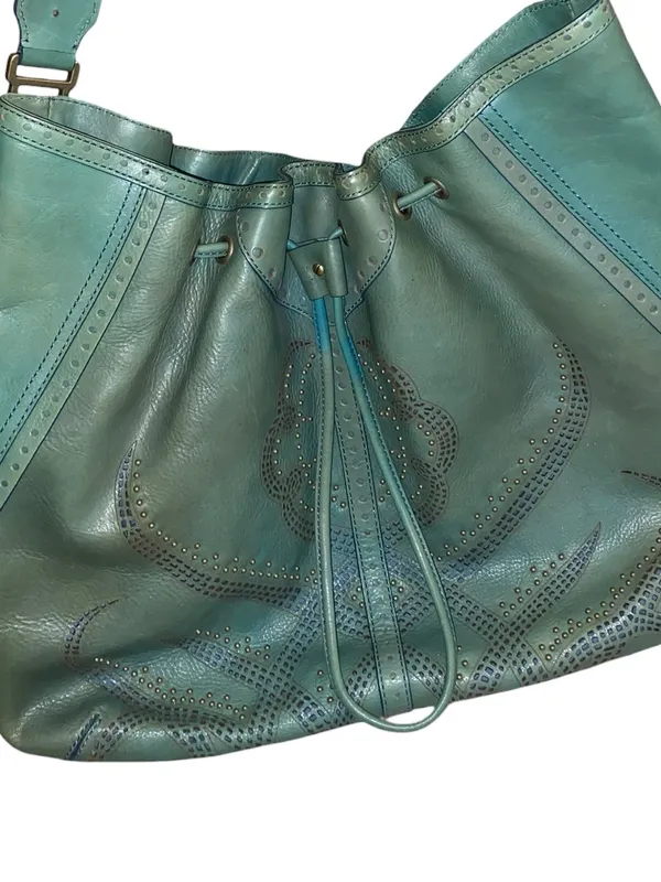 Y2K Vintage Cole Haan Teal Leather Drawstring brass studded Hobo Bag Boho fairy - Image 3