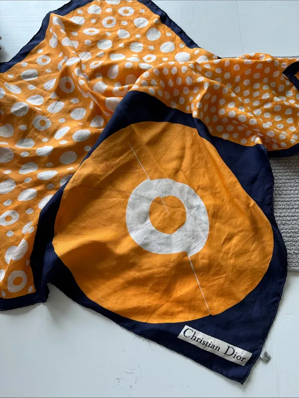 Christian Dior Orange White Navy Blue Polka Dot Silk Scarf 30” Sq - Image 2