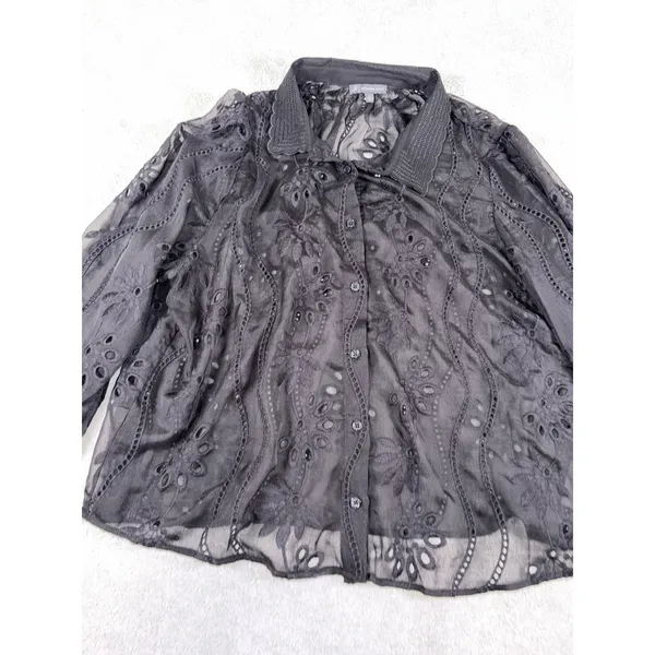 adrianna papell black sheer blouse button up black floral eyelet detail xl‎ - Image 2