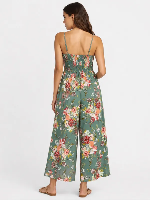 Band of the Free Floral Wide Leg Jumpsuit Size M Sage Green Boho - Image 2