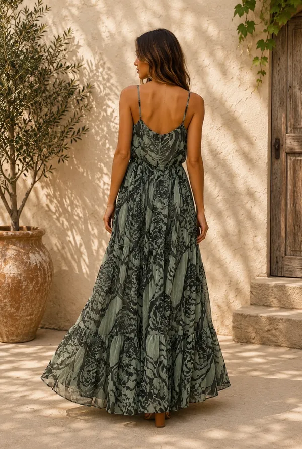 AKIRA Olive Sage Printed Spaghetti-Strap Maxi Dress - Image 3