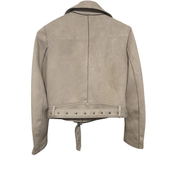 Zara Basic Womens Faux‎ Suede Biker Moto Jacket Sand Beige Belted XS - Image 4
