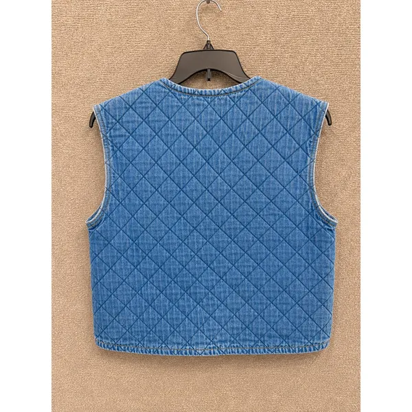 Sostanza Womens Vest Large Blue Denim Workwear Quilted Back Multi-Pocket Utility - Image 2