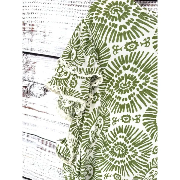 Haute Hippie‎ Flutter Sleeve Boho Blouse Women's 2X Green Sunburst Crochet Rayon - Image 3