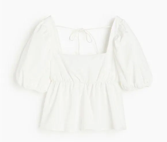 H&M Tie Detail Puff-Sleeved Peplum Blouse. White. Size: Large. - Image 2