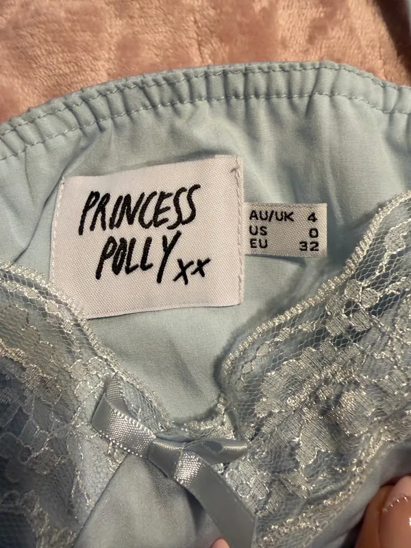 light blue silk princess polly crop top/cami top with white lace - Image 4
