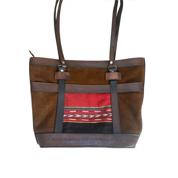 Leather Suede Tote Bag Bolivia Made Woven Boho Chic Aztec Red Brown - Image 3