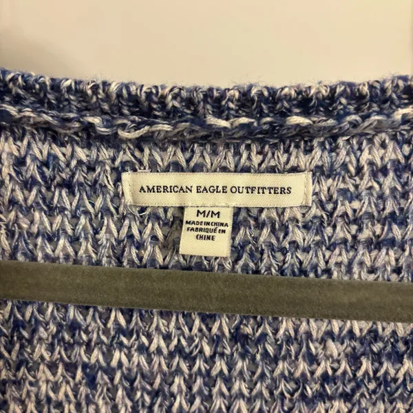 American Eagle Outfitters Blue Marled Cable Knit V-Neck Sweater - Image 4