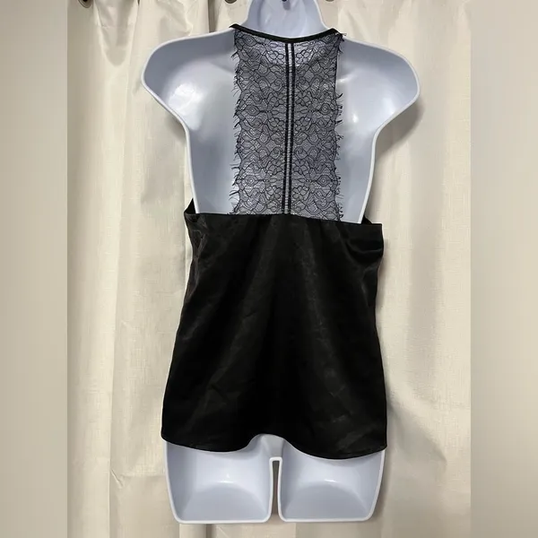 Lucy Paris Women’s Black Satin Silk V Neck Lace Racerback Top Size XS - Image 2