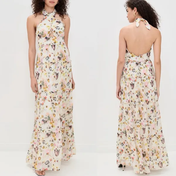 Amanda Uprichard Estella Floral Maxi Dress Halter Cream White‎ Pink Backless M - Image 3
