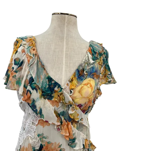 Anthropologie V-Neck Ruffle Lace Slip‎ Dress Floral White Multicolor Size US 4 - Image 4