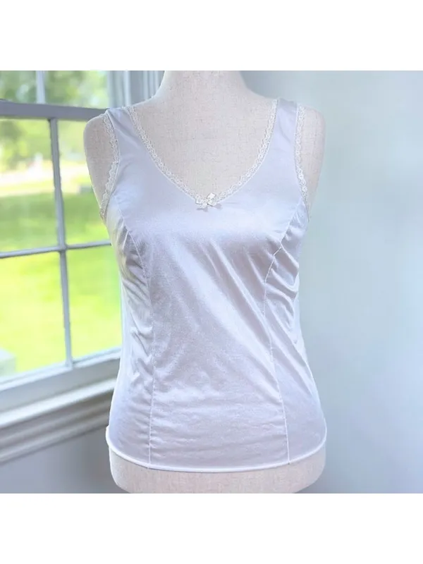 Vintage Velrose Coquette White Satin Camisole Medium Slip Top Lace Bow Bridal - Image 5