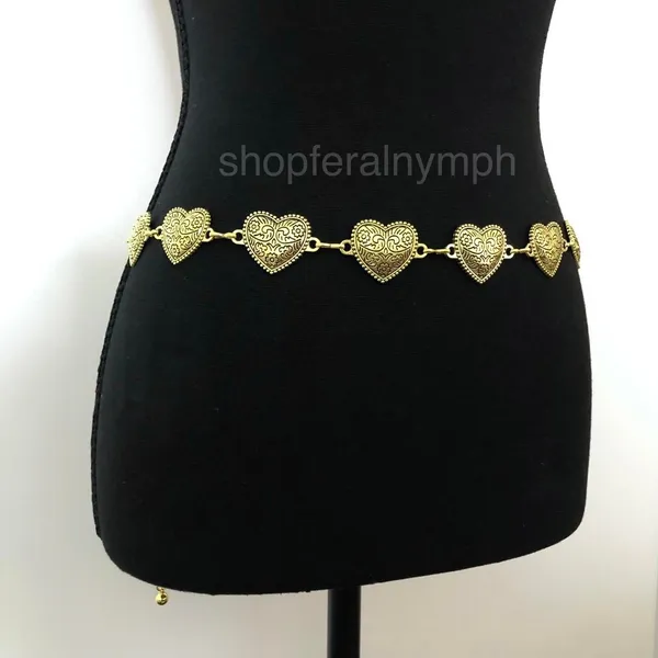 Vintage Y2K Boho Gold Textured Heart Chain Belt, Fits 22.5–40 Inches, X7GA1173 - Image 3