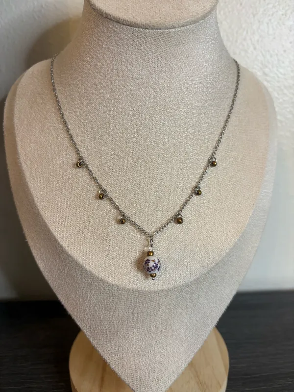 Handmade Purple Floral Porcelain Charm Necklace | Waterproof & Tarnish Resistant - Image 2