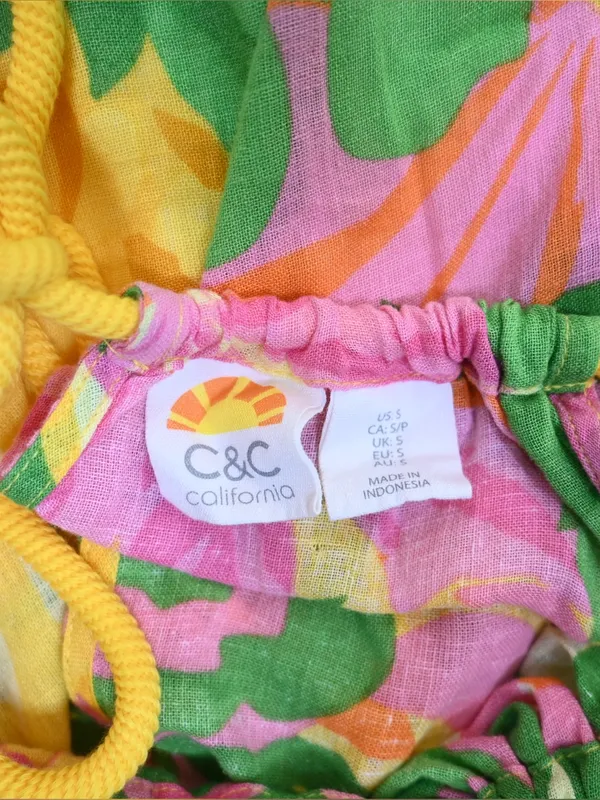 C&C California Women's S Lemon Print Green Pink Linen Blend Mini Beach Sundress - Image 8