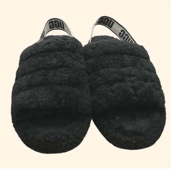 UGG Fluff Yeah Slide Black Sheepskin Platform Slingback Sandals Womens 8 1095119 - Image 6