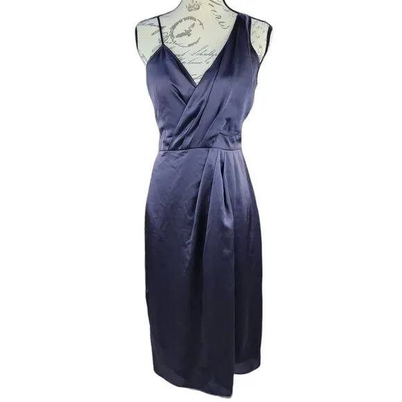 Banana‎ Republic -738 Faux Wrap Slip Dress Asymmetrical shoulder Black Satin 4 - Image 3