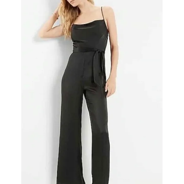 Express Black Satin Cowl Neck Wide Leg Tie‎ Waist Spaghetti Strap Jumpsuit - Image 3