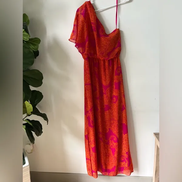 Nine & Co. Women’s One-Shoulder Maxi Dress Size 10 Orange Pink Paisley - Image 3