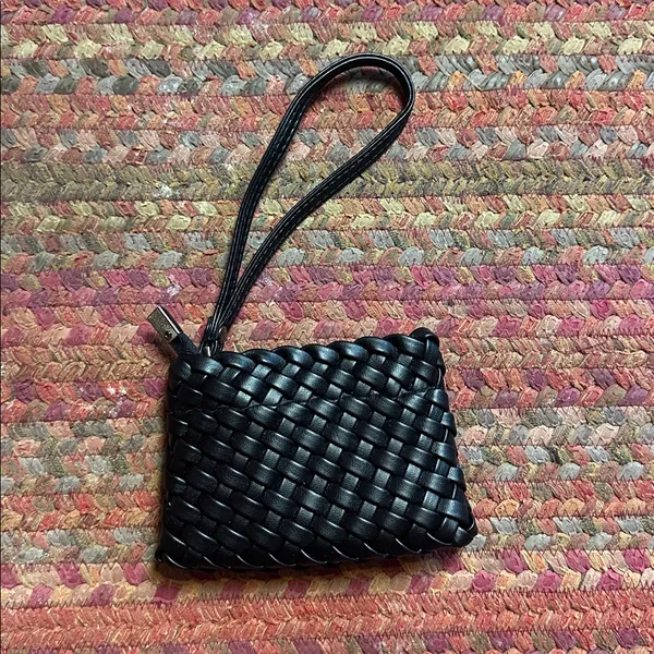 Black Vegan Leather Woven Wristlet Small Mini Coin Pouch - Image 2