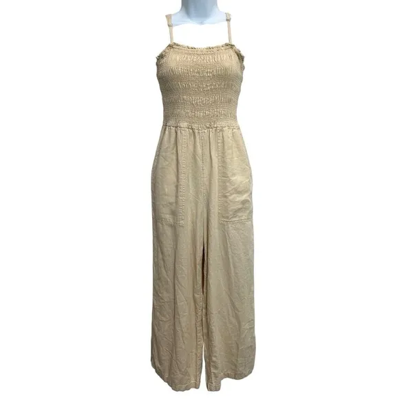 Universal Thread Women's XS Smocked Linen Maxi Jumpsuit Beige‎ Boho Lagenlook - Image 4