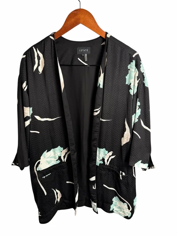 1. State Black Floral Open-Front Kimono Blazer with Mint & Cream Accents - Image 5