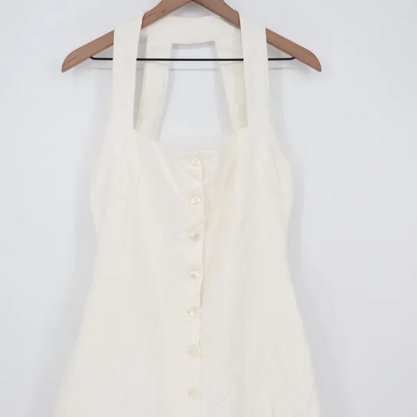 Showpo Ricki Mini Dress White Linen Blend Halter Neck Button Front Size 8 - Image 3
