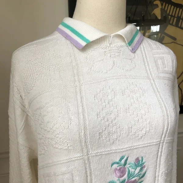 Vintage Embroidered Patchwork Cotton Sweater M White Size M - Image 2