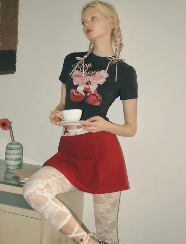 Cider Round Neck Bowknot Cherry Graphic Cropped Top Tee - Image 2