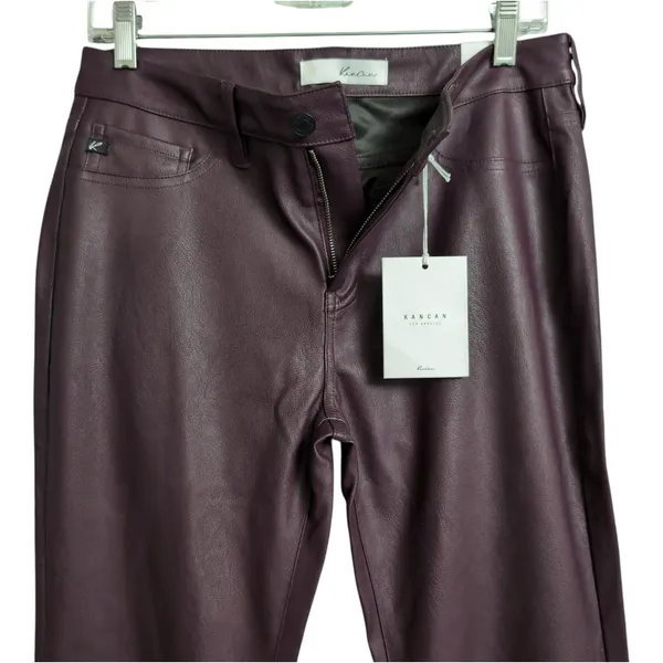 NWT KanCan Yoko Mid Rise Faux Leather Bootcut Pants Burgundy Flare Pants 9/28 - Image 3
