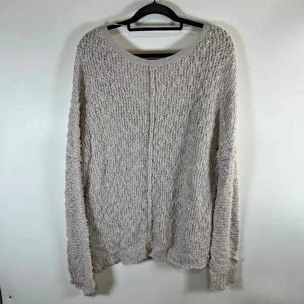 Free People‎ Womens Oversized V-Neck Textured Knit Sweater Beige Large - Image 6