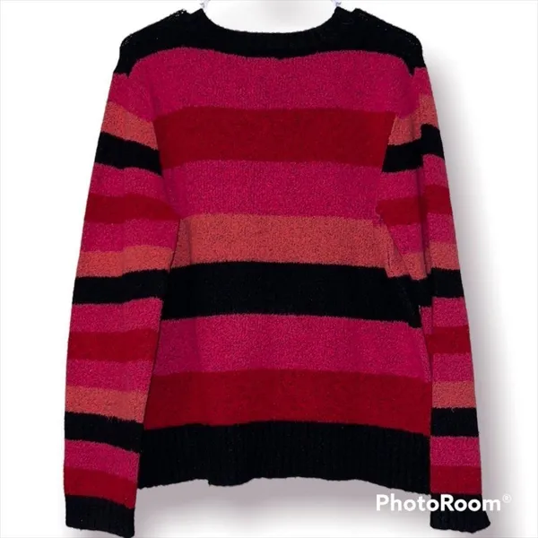 St John’s Bay large womens sweater pullover striped v-neck wool blend stretchy - Image 2