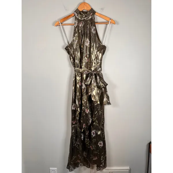 ML Monique‎ Lhuillier Dress Womens 0 Metallic Floral Silk Halter Midi 4412419 - Image 2