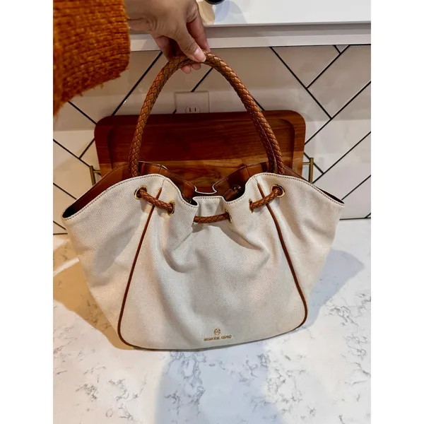 Michael Kors Montauk canvas shoulder bag cream fabric brown leather handles Y2K - Image 4