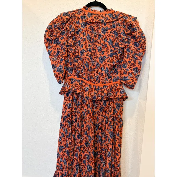Ulla Johnson Lisette Rust Blue Floral Puff Sleeve Ruffle Wrap Midi Dress - Image 7