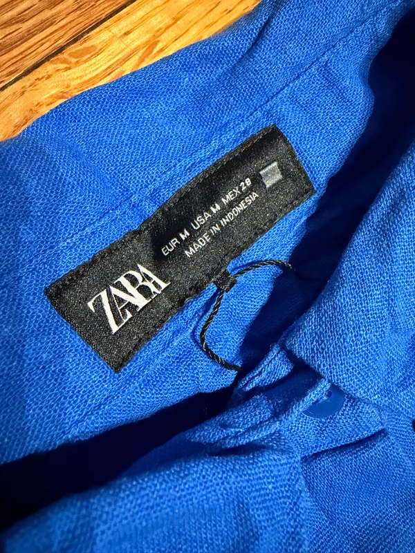 Zara Linen Matching set button shirt Coord wide pant drawstring lounge blue M - Image 6